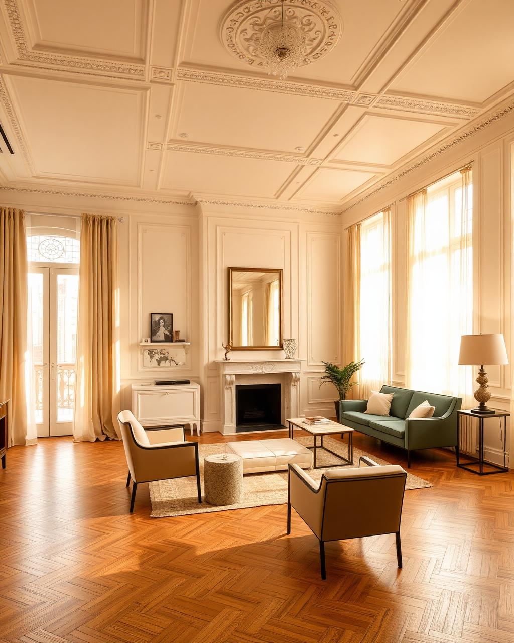 Intérieur d'un appartement haussmannien lyonnais baigné de lumière dorée