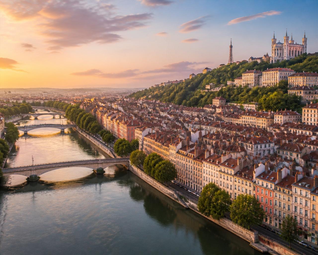 Vue panoramique de Lyon au coucher du soleil avec la Saône et la basilique de Fourvière